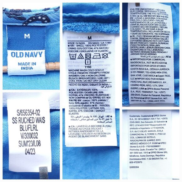 Old Navy Waist Defined Printed Dolman Sleeve Top Size M Blue Floral Ruched - Picture 4 of 10